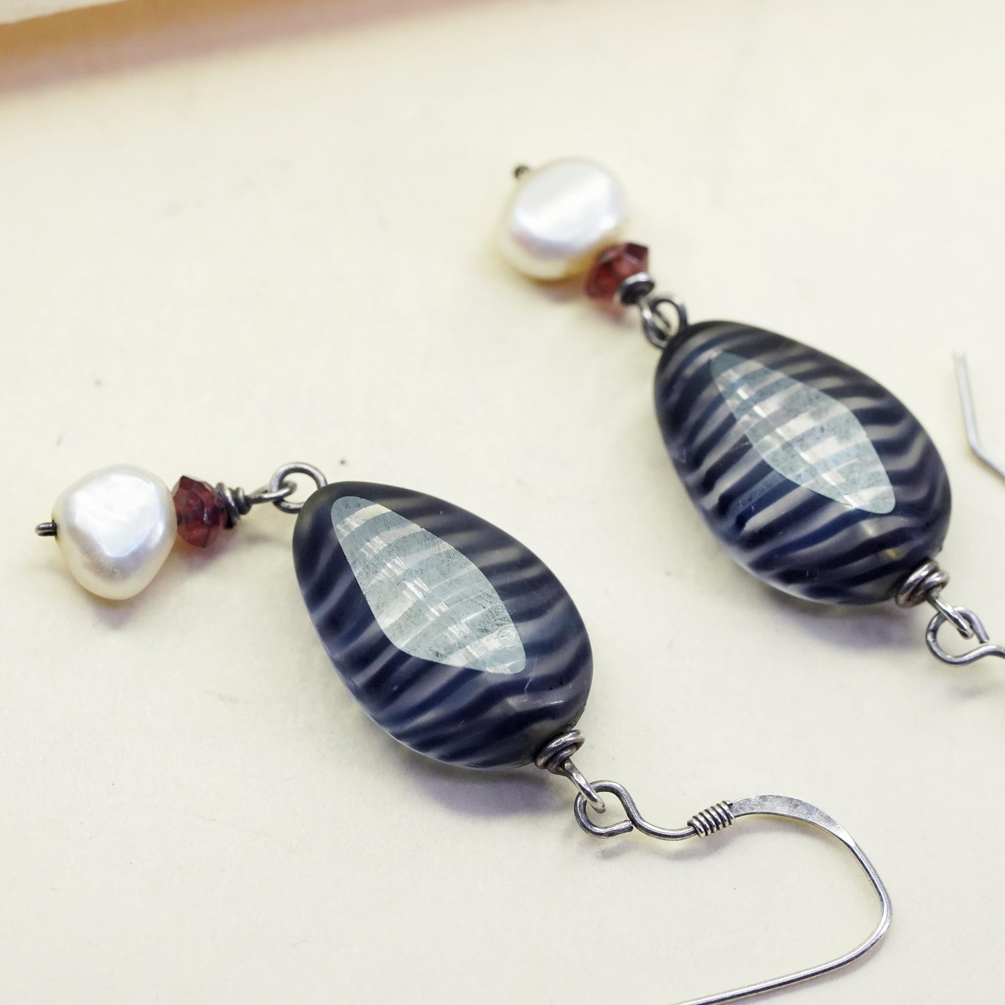 Vintage Sterling 925 silver handmade earrings with glass beads pearl dangles
