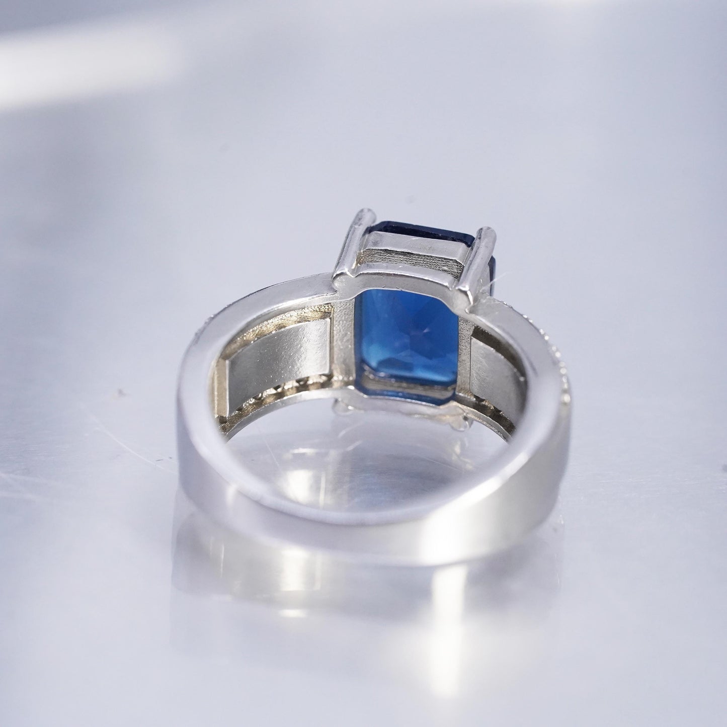 size 6, Sterling Silver Ring, 925 Ring emerald cut blue Sapphire glass cz