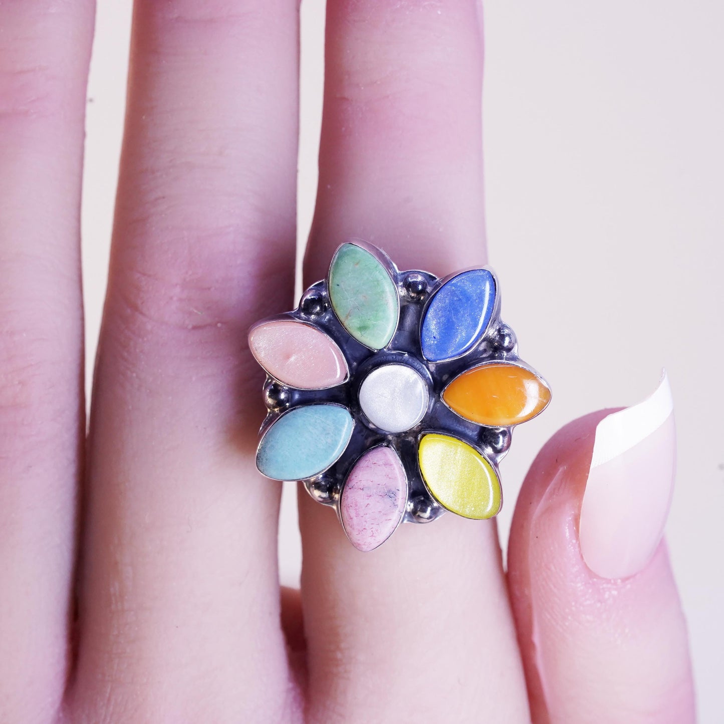 Size adjustable, Sterling 925 Silver Multi Gemstone Flower Ring, Jade Agate