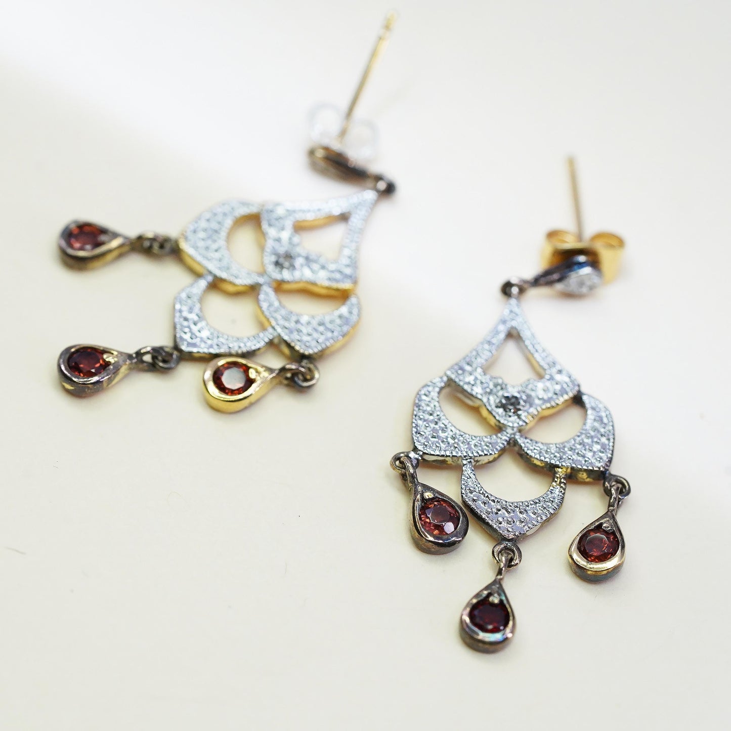 Vintage vermeil yellow gold over sterling 925 silver earrings ruby and diamonds