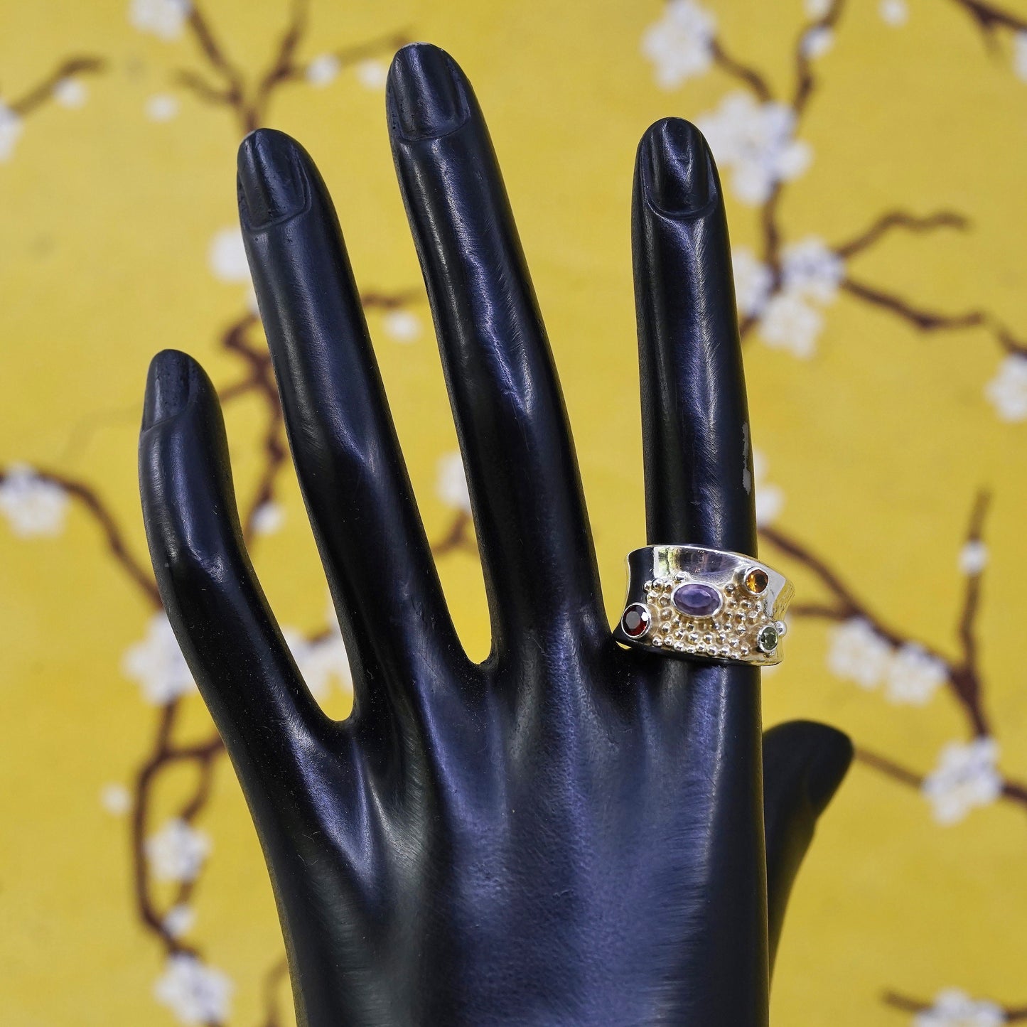 Size 8.25, Sterling 925 silver ring with ruby, peridot, amethyst and citrine