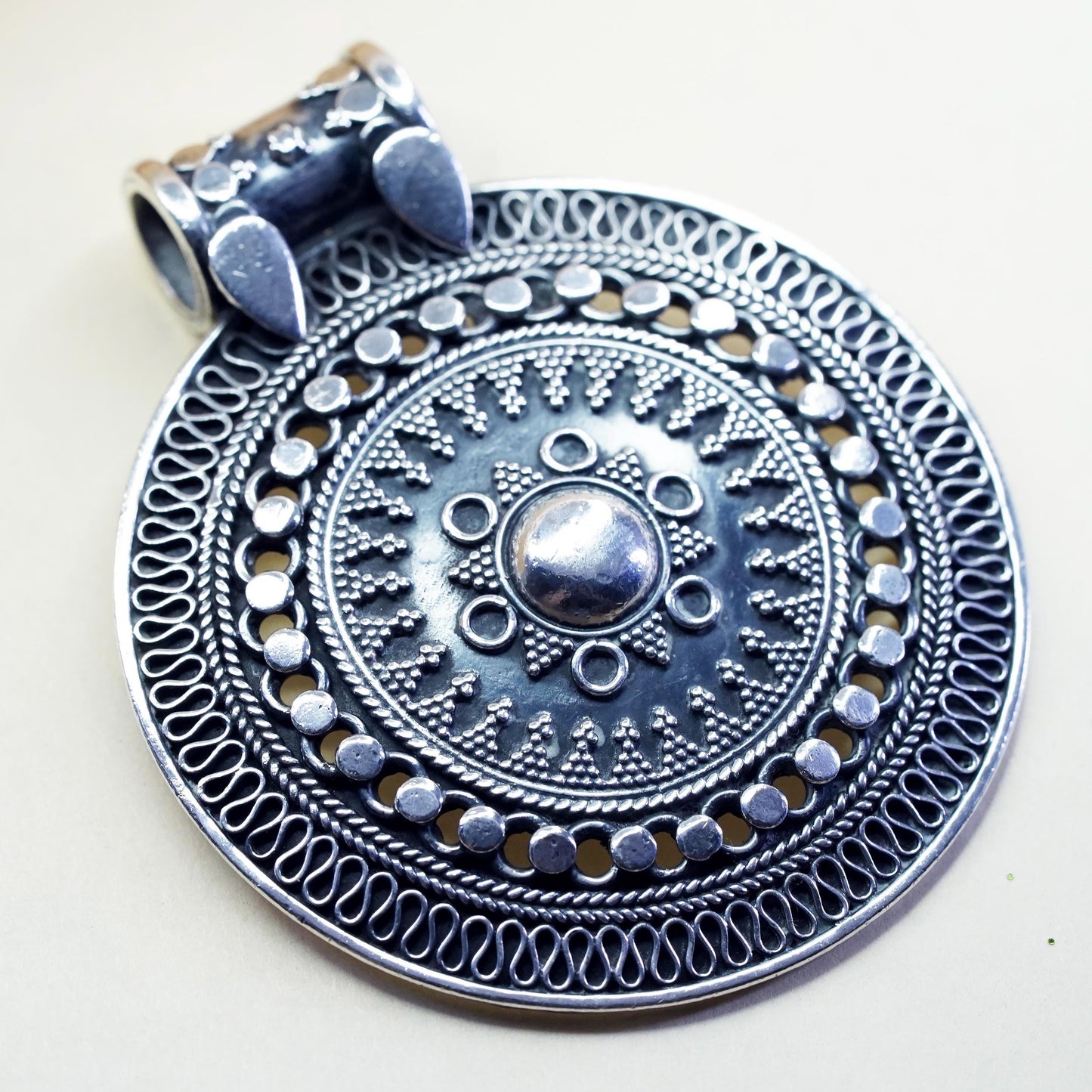 vintage sterling silver handmade huge pendant, 925 filigree Bali circle
