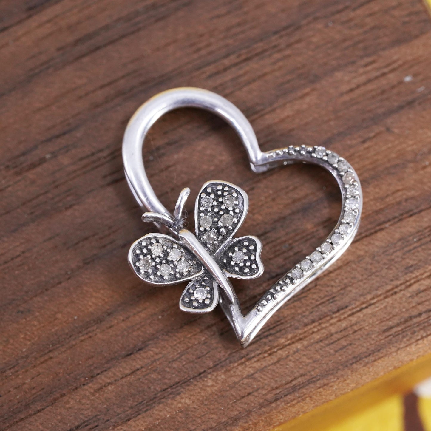Vintage sterling silver pendant, 925 butterfly heart w/ cluster genuine diamond