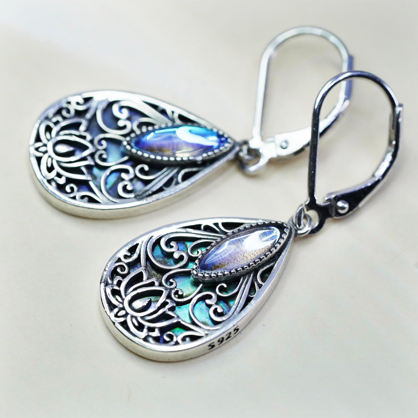 Vintage Mexico sterling 925 silver handmade teardrop earrings w/ abalone inlay