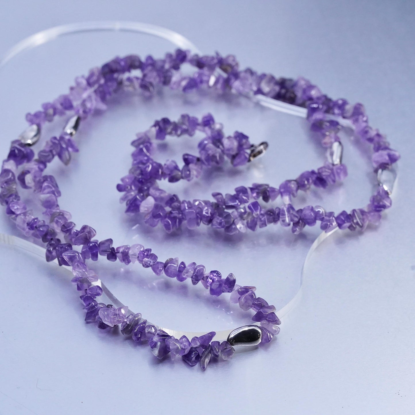 40”, Vintage sterling 925 silver handmade extra long necklace w/ amethyst beads