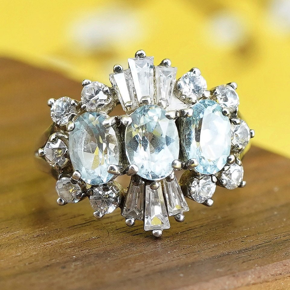 Size 8, vintage sterling 925 silver handmade ring with blue topaz cluster cz
