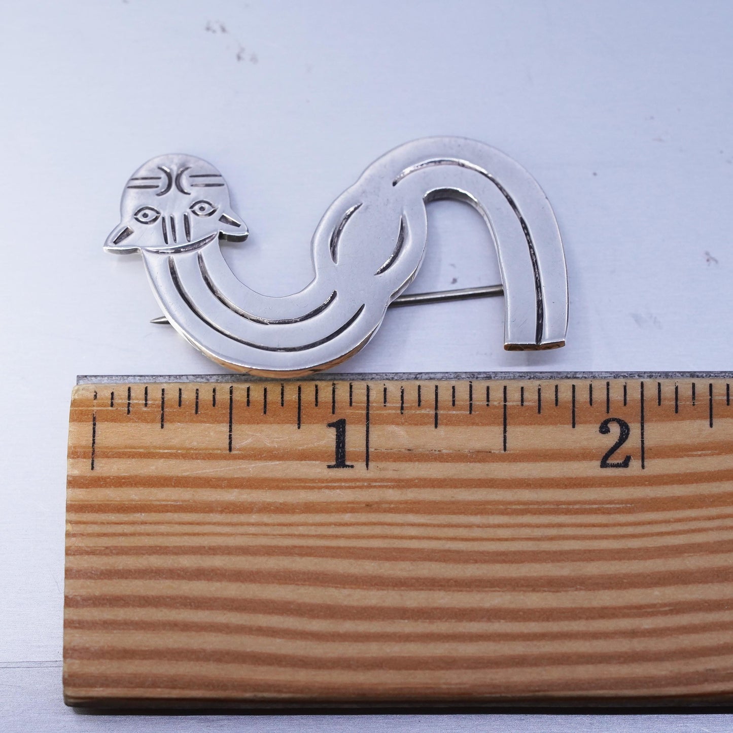 Vintage sterling silver handmade brooch, 925 letter S kitty cat pin