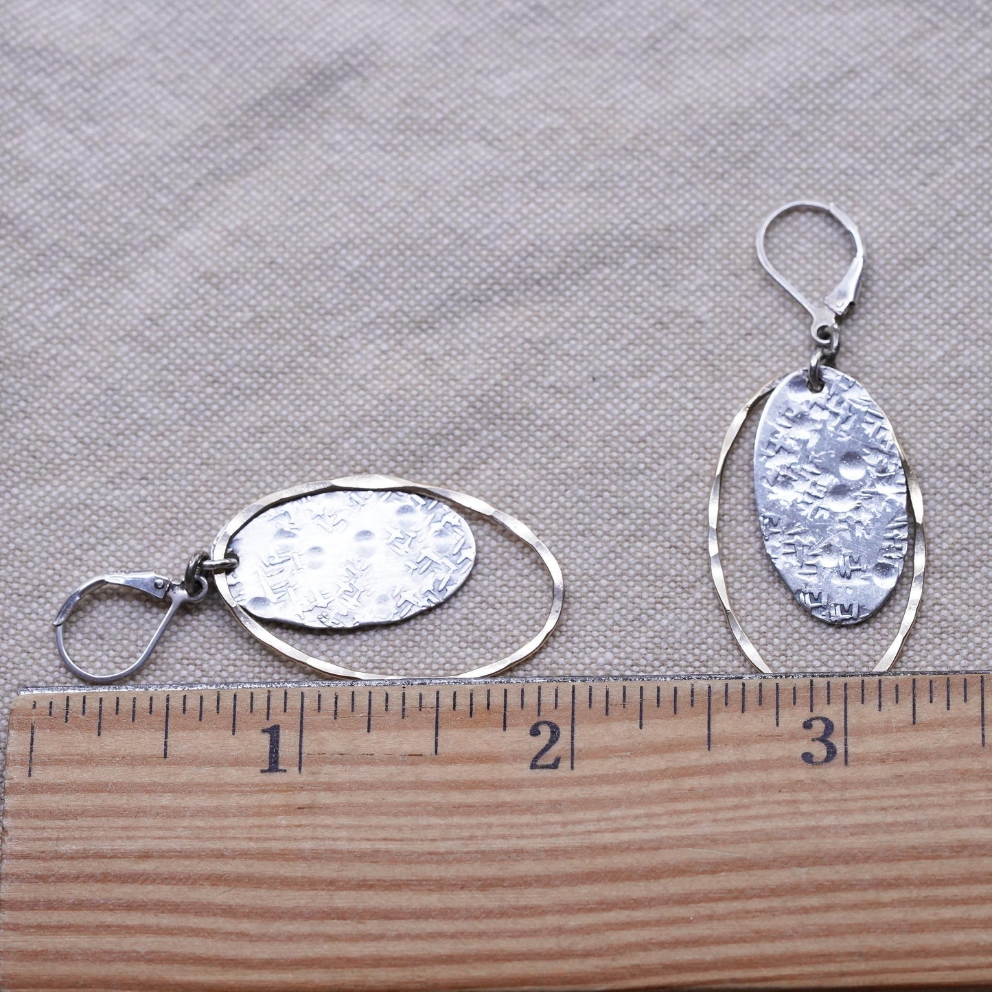 two tone Sterling 925 silver hammered circle earrings with brass circle dangles