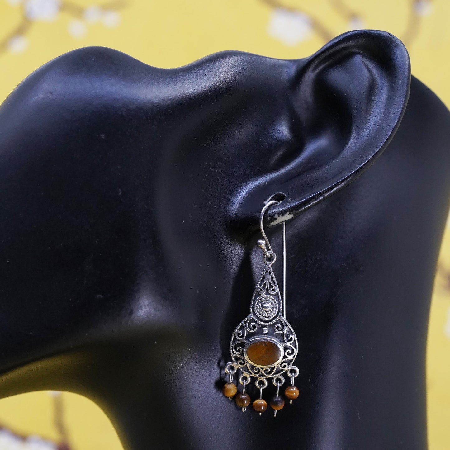Sterling silver earrings, 925 filigree teardrop cluster golden tiger eye beads