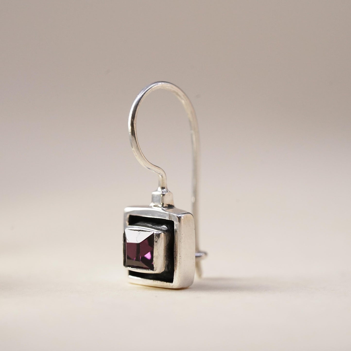 Vintage sterling silver 925 handmade single earring with square amethyst