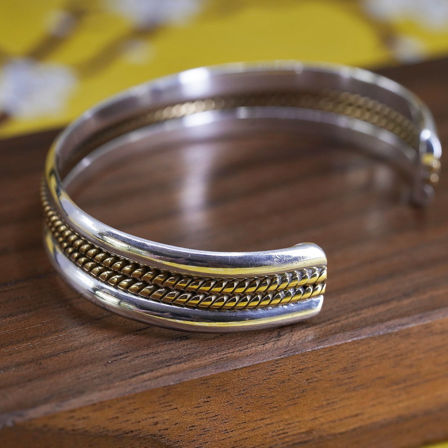 6.5”, two tone Mexican Sterling silver handmade bracelet, 925 cuff brass cable
