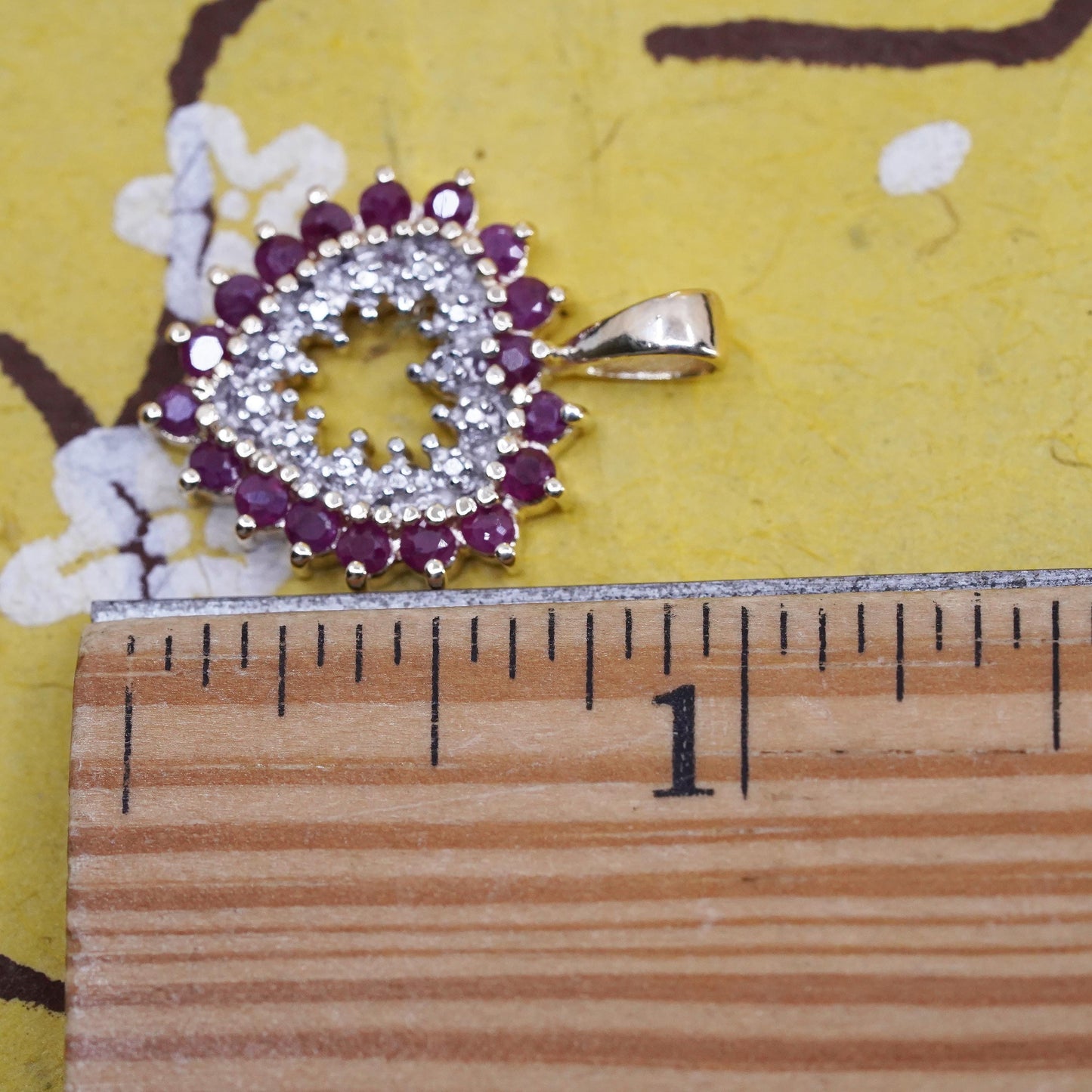 Vintage vermeil gold over Sterling 925 silver heart pendant with ruby diamonds