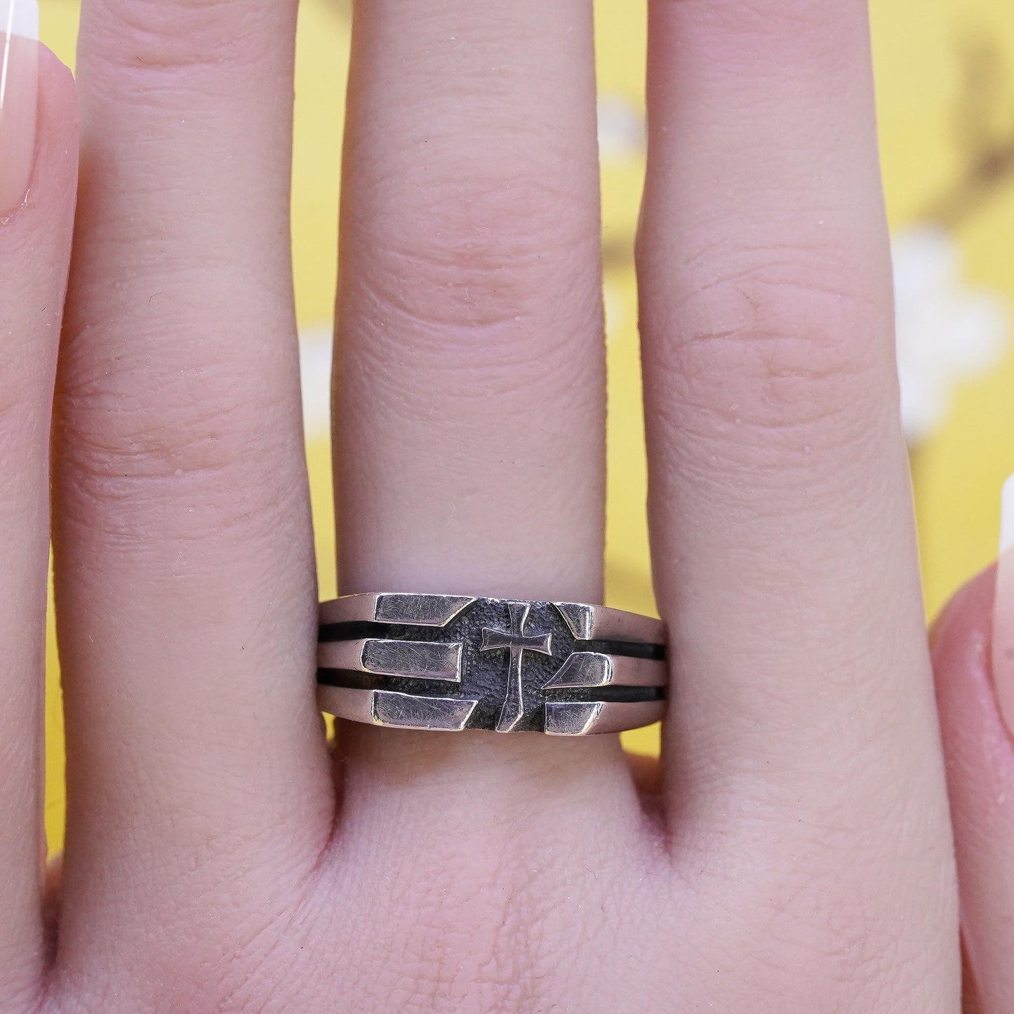 Size 10, Sterling Silver 925 Cross Men Christian Crucifix Ring, Religious Faith