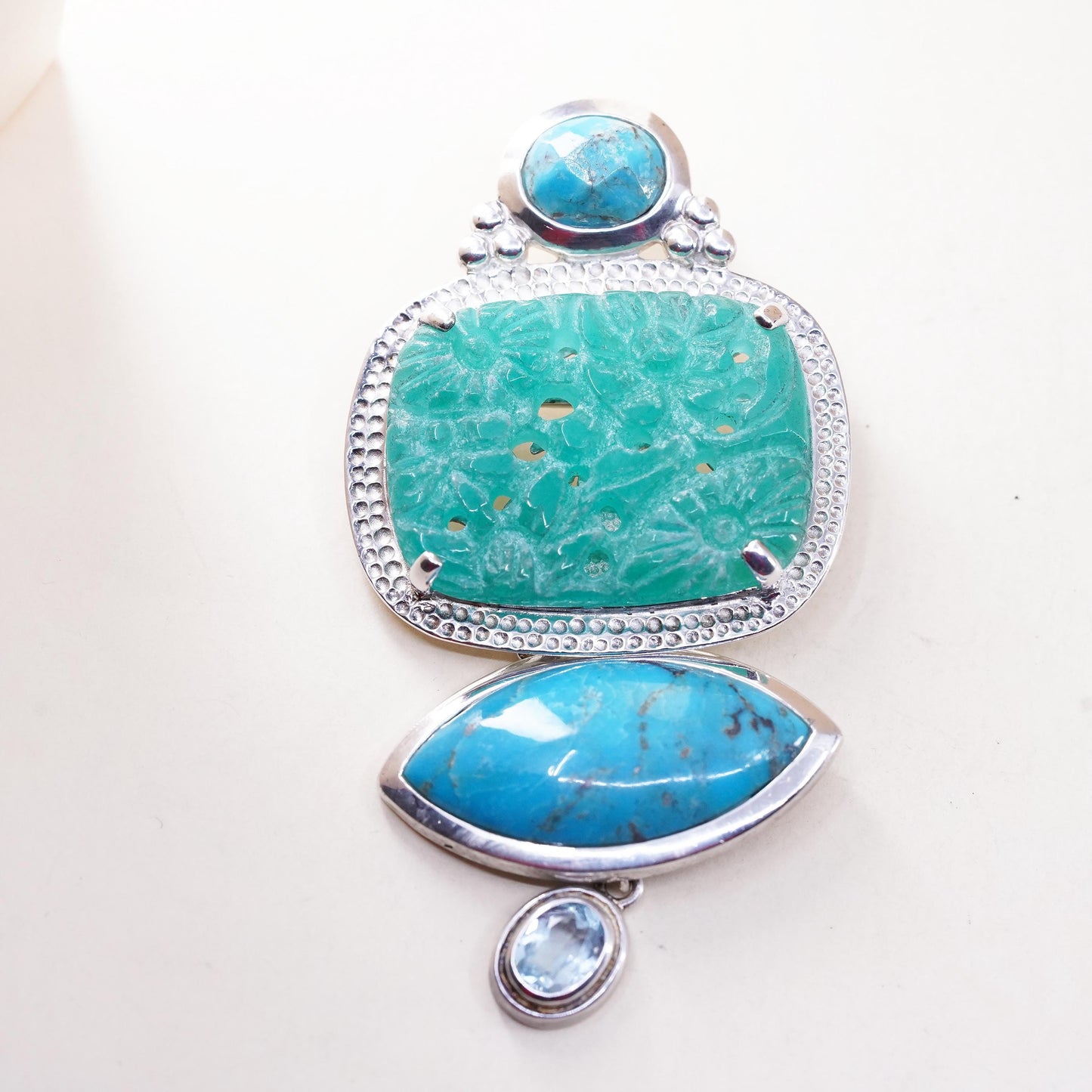 AKR Amy Kahn Russell Pendant Turquoise Carved Jade Brooch Sterling 925 Silver