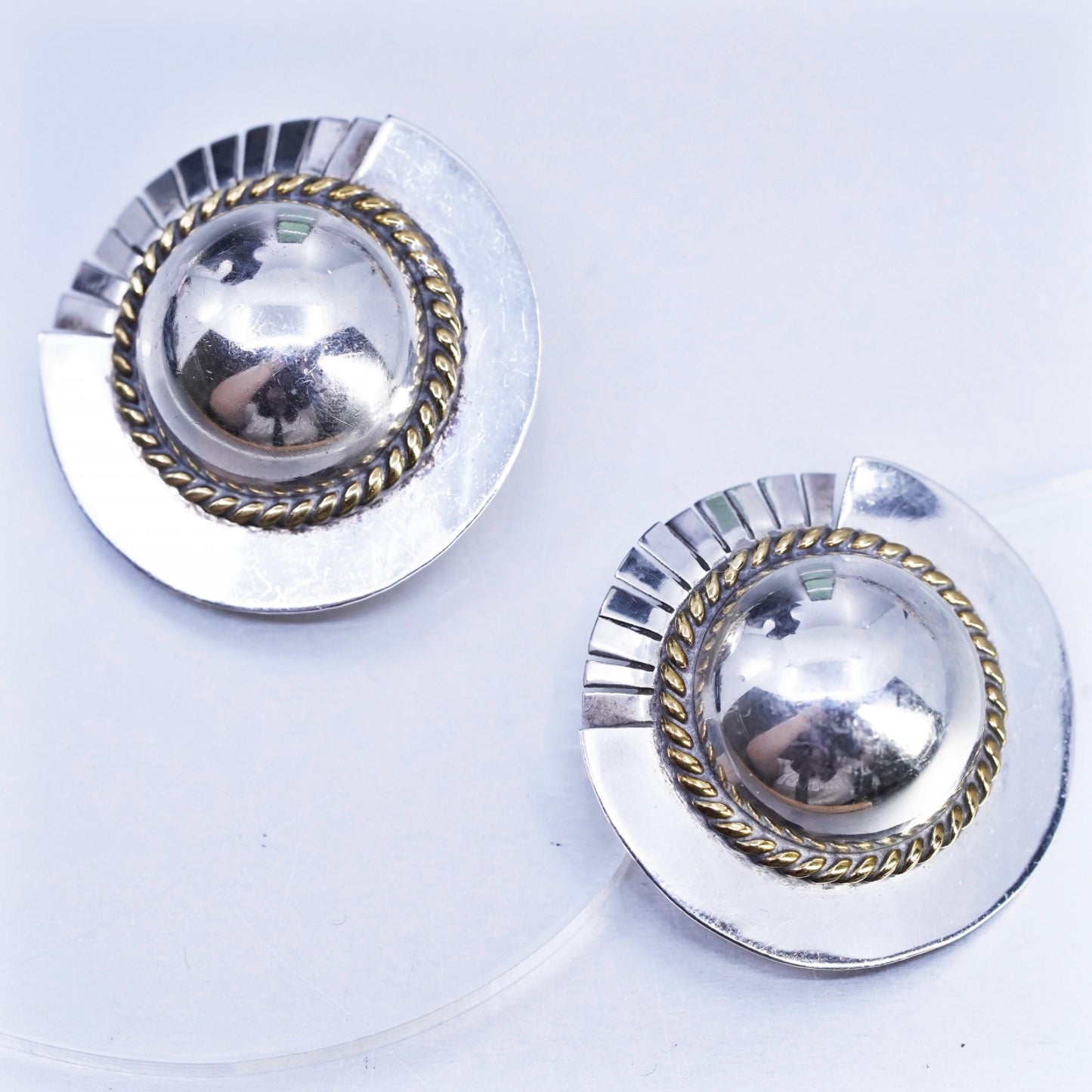 VTG Mexican Two Tone Sterling 925 Silver circle CLIP ON earrings brass cable