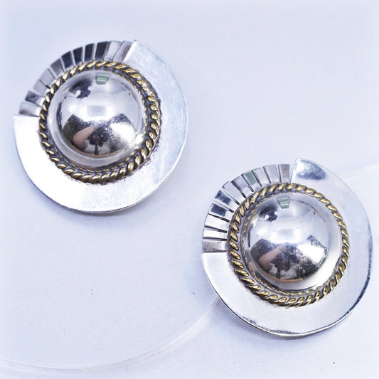 VTG Mexican Two Tone Sterling 925 Silver circle CLIP ON earrings brass cable