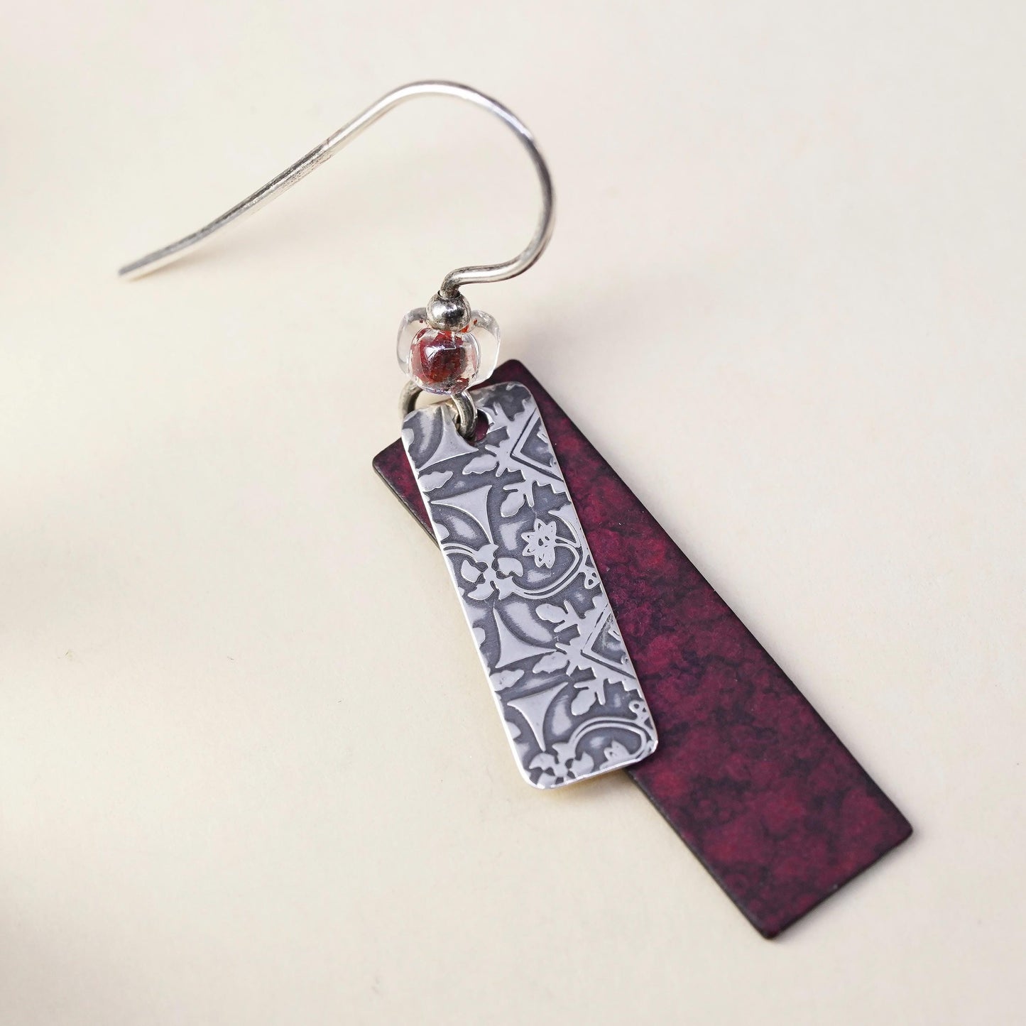 Vintage sterling silver handmade single earring, 925 textured double tags