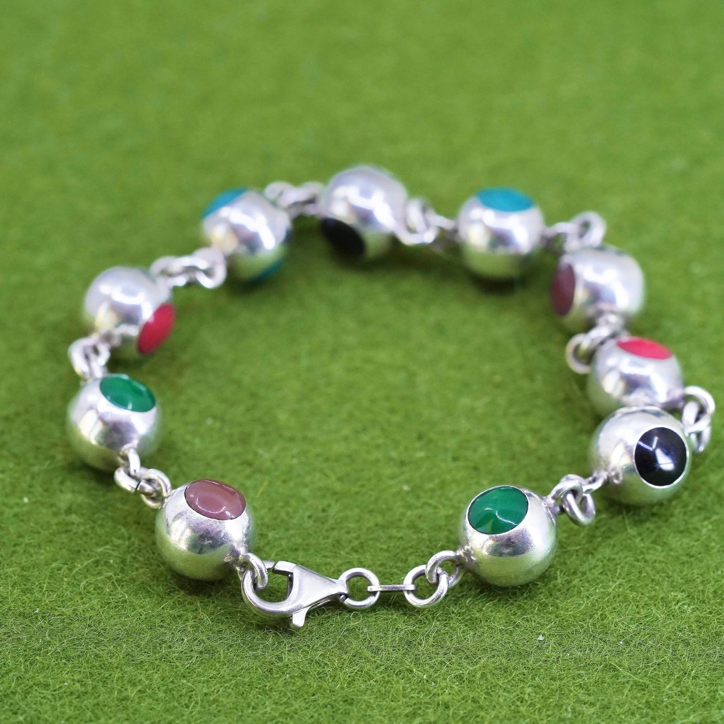 6.75", Vintage Sterling 925 silver handmade beads bracelet with rainbow enamel