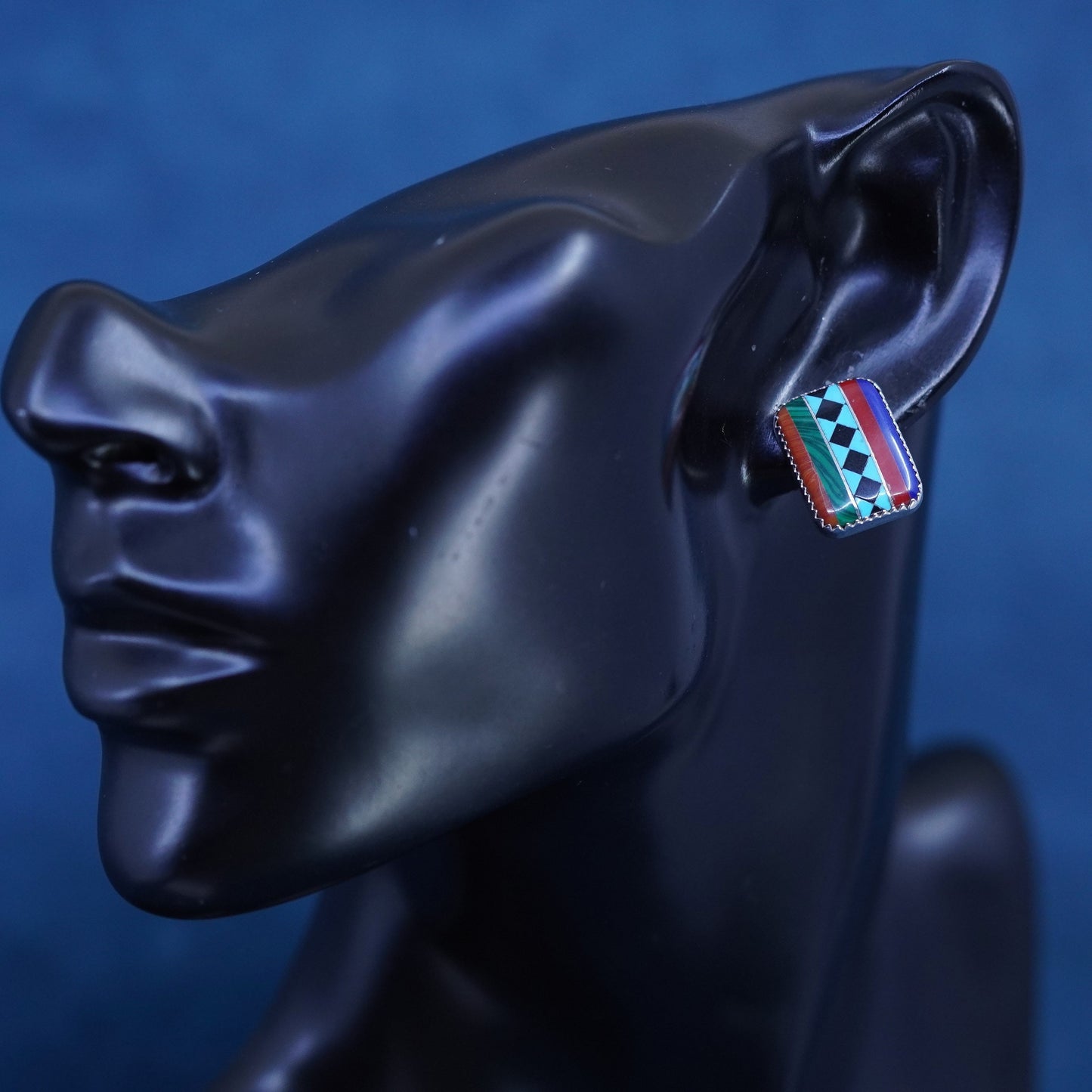 Native American sterling silver earrings, rectangular 925 studs, Zuni, Navajo