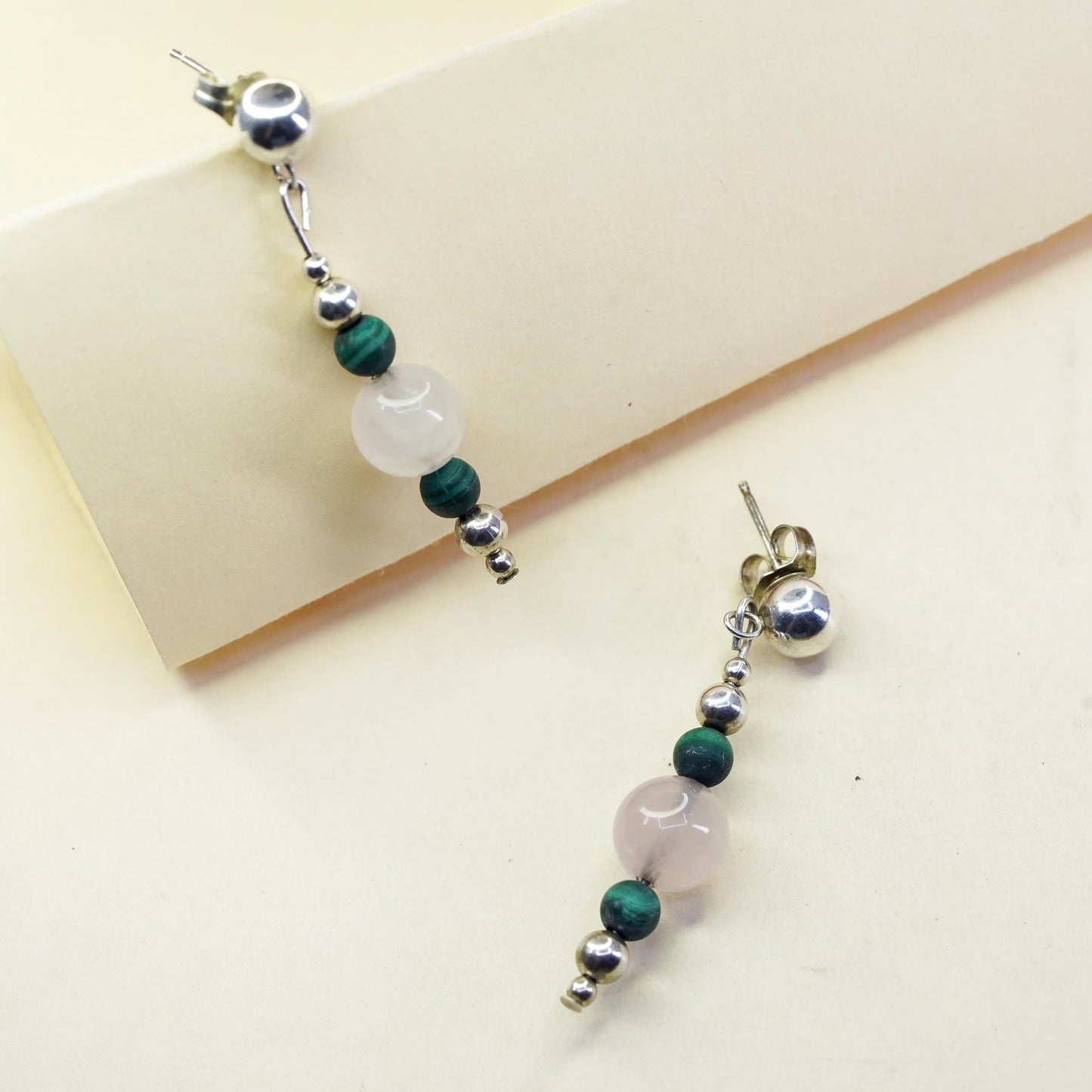 Vintage Sterling 925 silver handmade earrings with pink quartz malachite beads