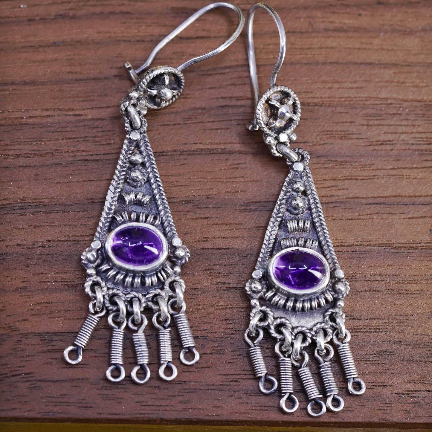 southwestern Sterling 925 Silver wired Earrings amethyst. Ethnic Tribal Jewelry