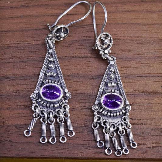 southwestern Sterling 925 Silver wired Earrings amethyst. Ethnic Tribal Jewelry