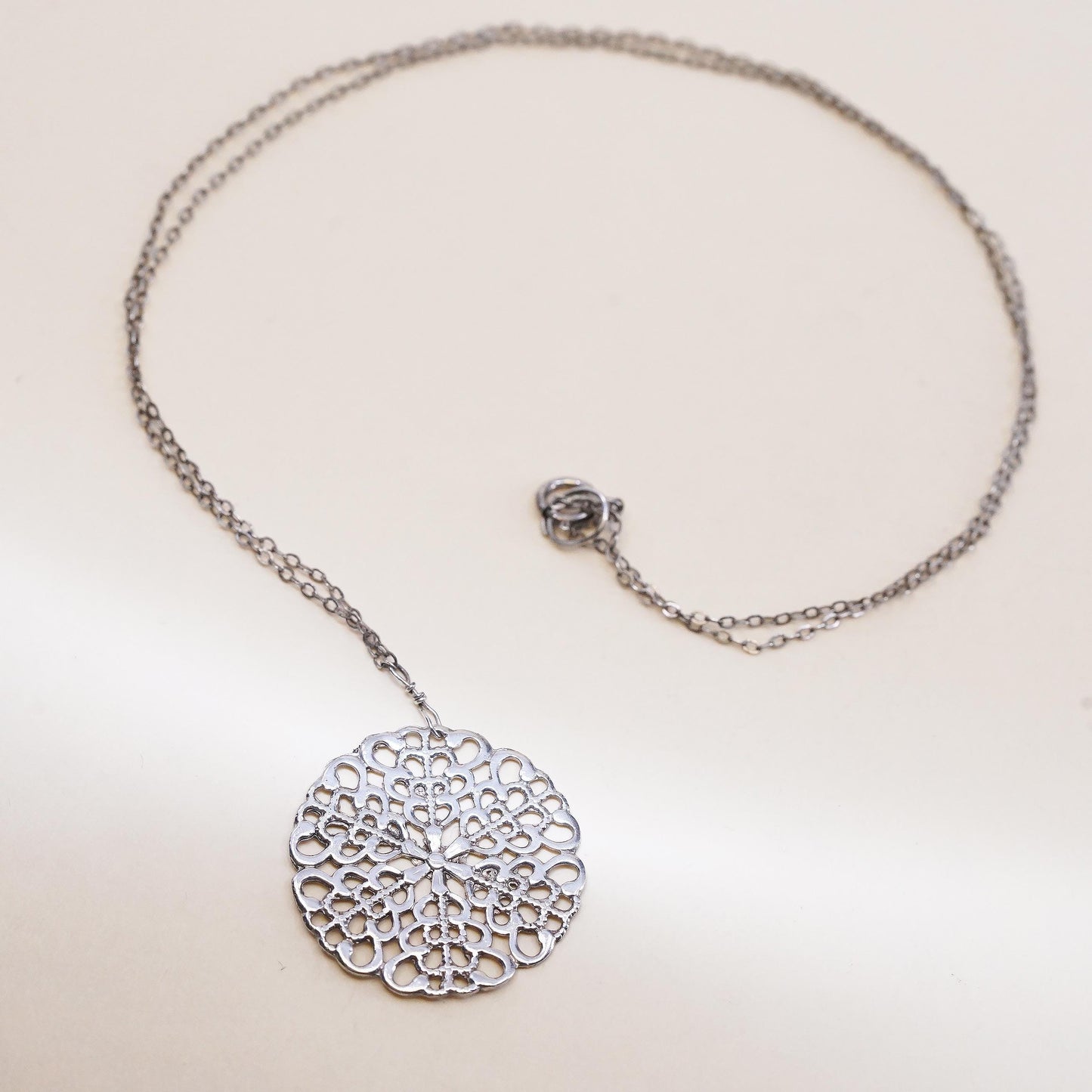 18", Vintage Sterling 925 silver circle chain necklace filigree circle pendant