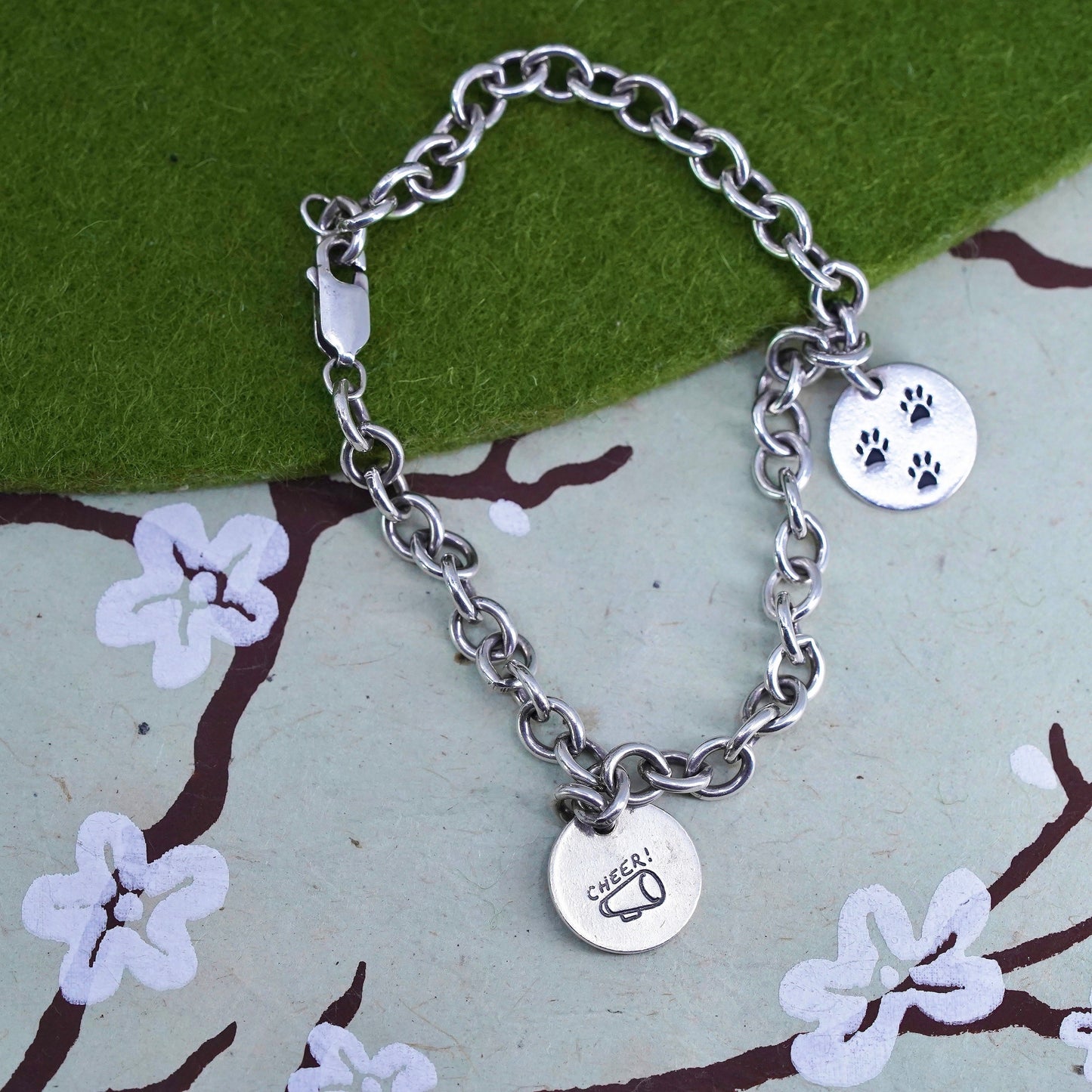 7" 5mm, sterling 925 silver circle bracelet with dog pow print tag charms