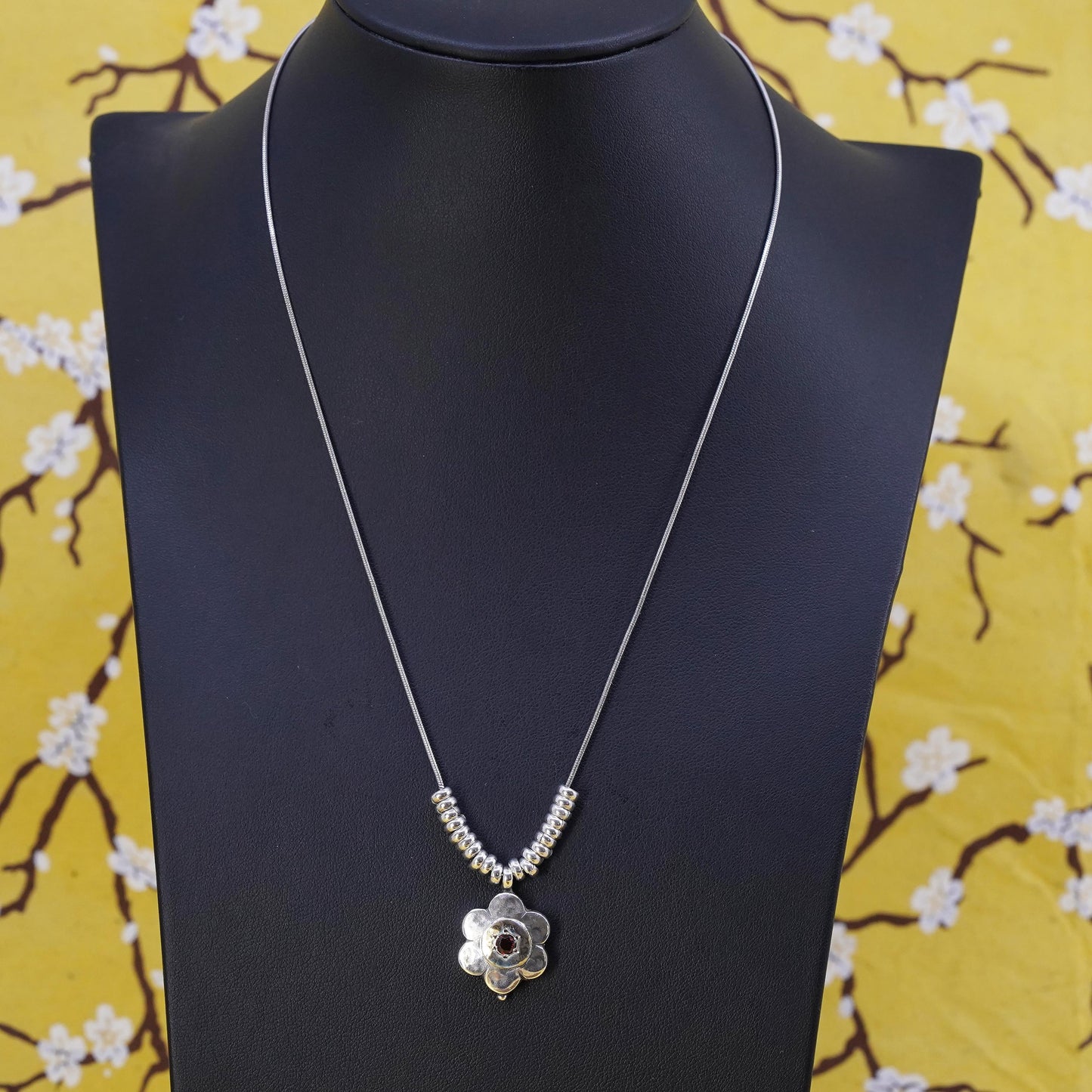 18” 14K flower Sterling silver pendant, 925 snake chain necklace with beads