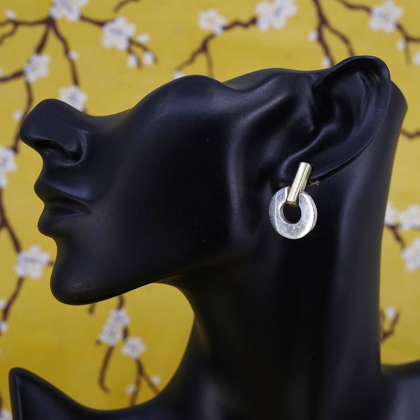 Vintage two tone Mexico Sterling silver earrings, 925 studs with circle dangles