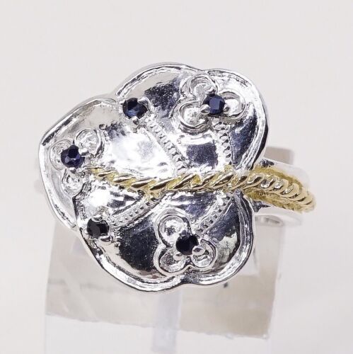 Size 7.25, Vtg Two Tone Sterling 925 Silver Handmade Ring W/ Leaves N Sapphire