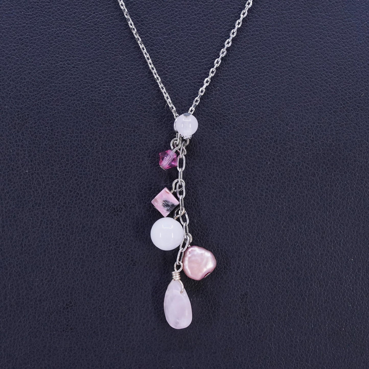 18", vintage Sterling 925 silver circle chain necklace w/ quartz beads pendant