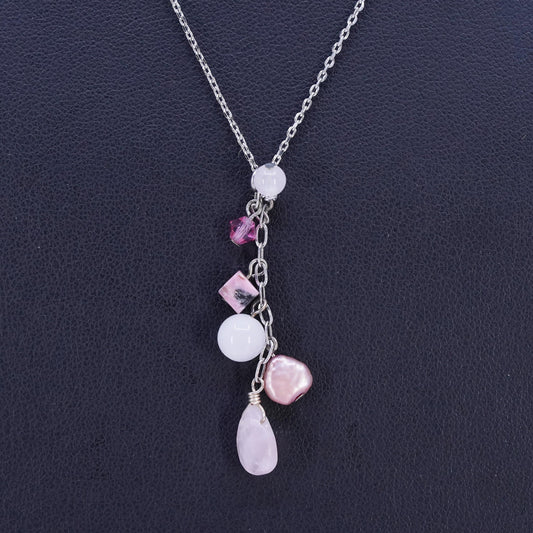 18", vintage Sterling 925 silver circle chain necklace w/ quartz beads pendant