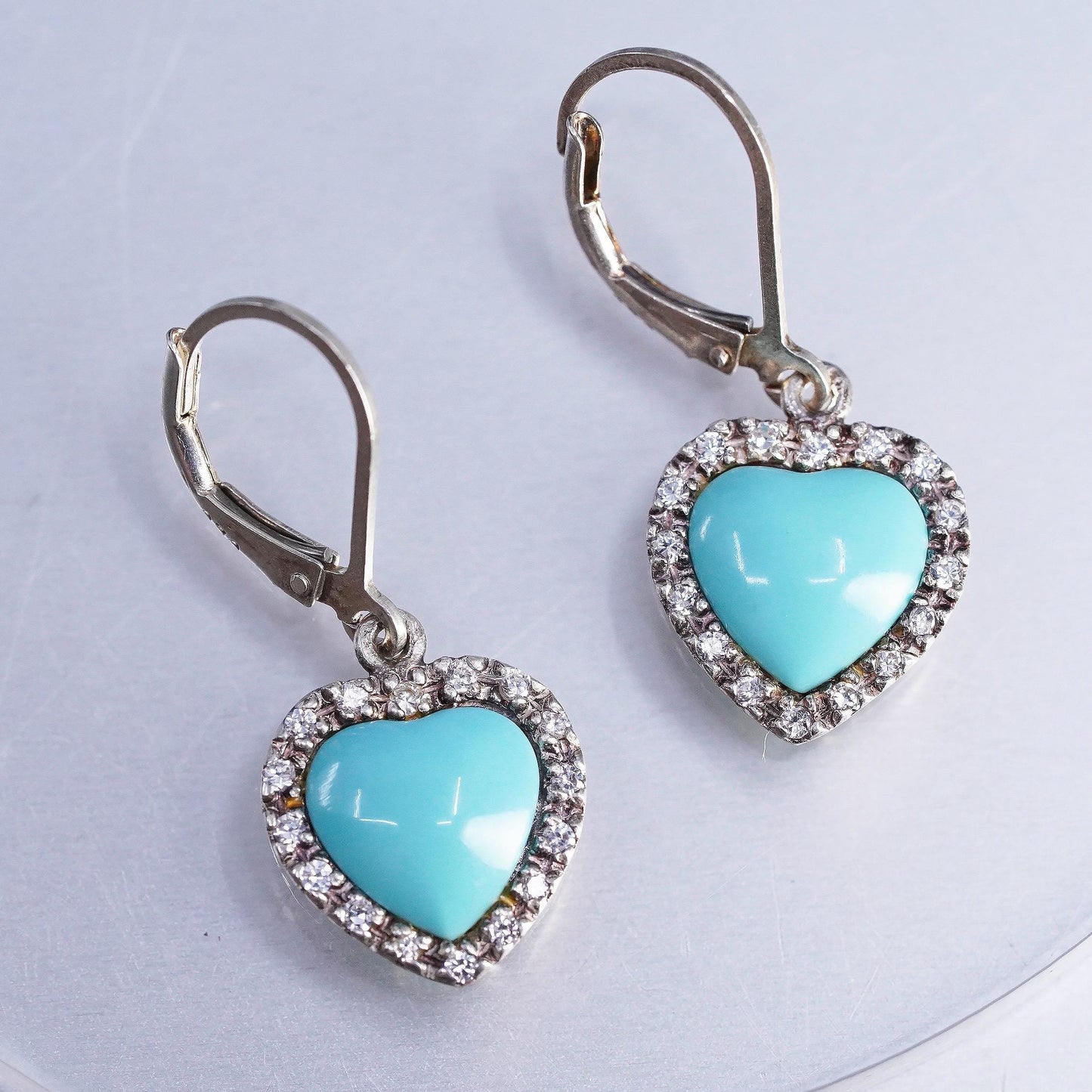 VTG 925 Sterling Silver Turquoise Heart Dangles, CZ Halo, Leverback Earrings