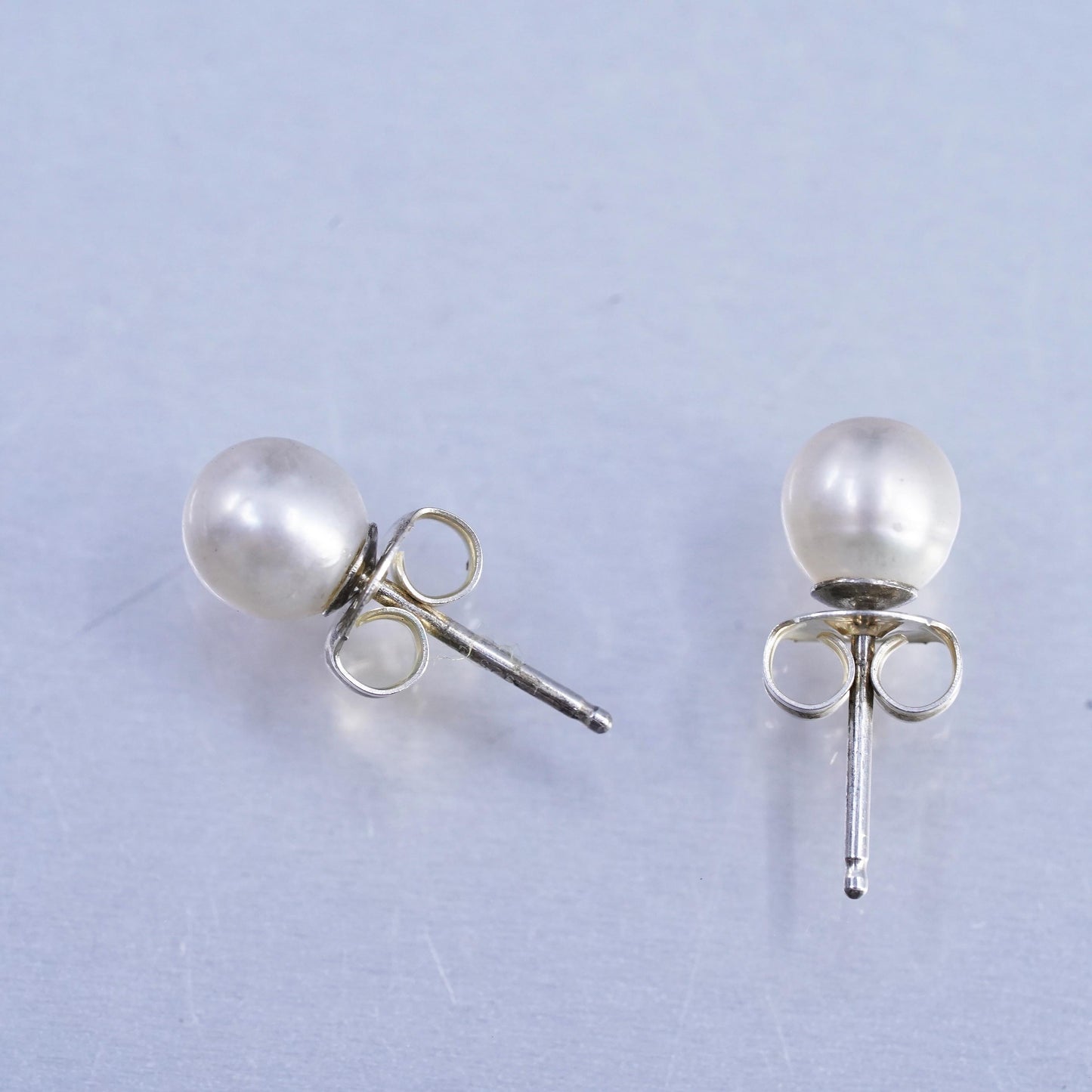 5mm, Vintage Sterling 925 silver handmade earrings, studs with pearl