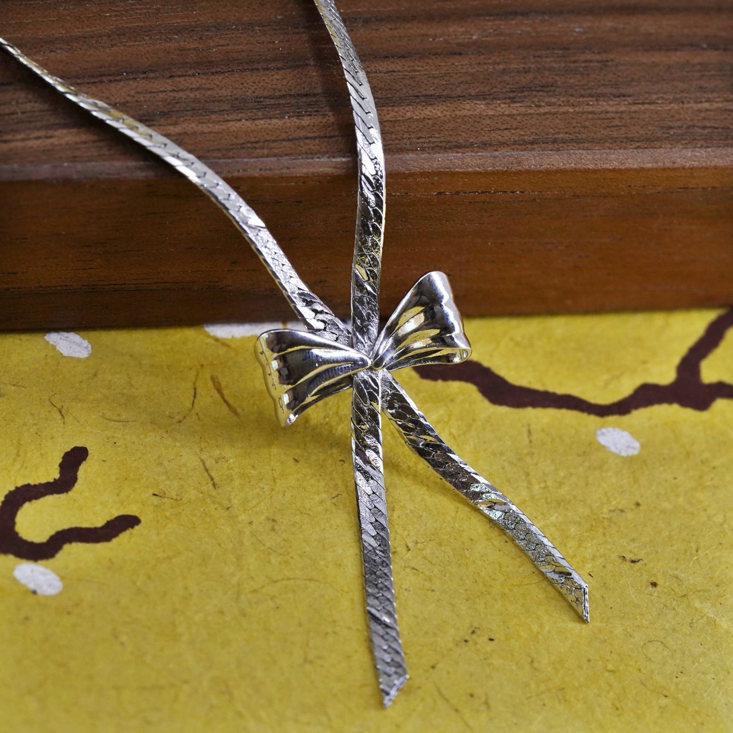 16", Sterling silver herringbone chain, Italy 925 necklace with ribbon pendant