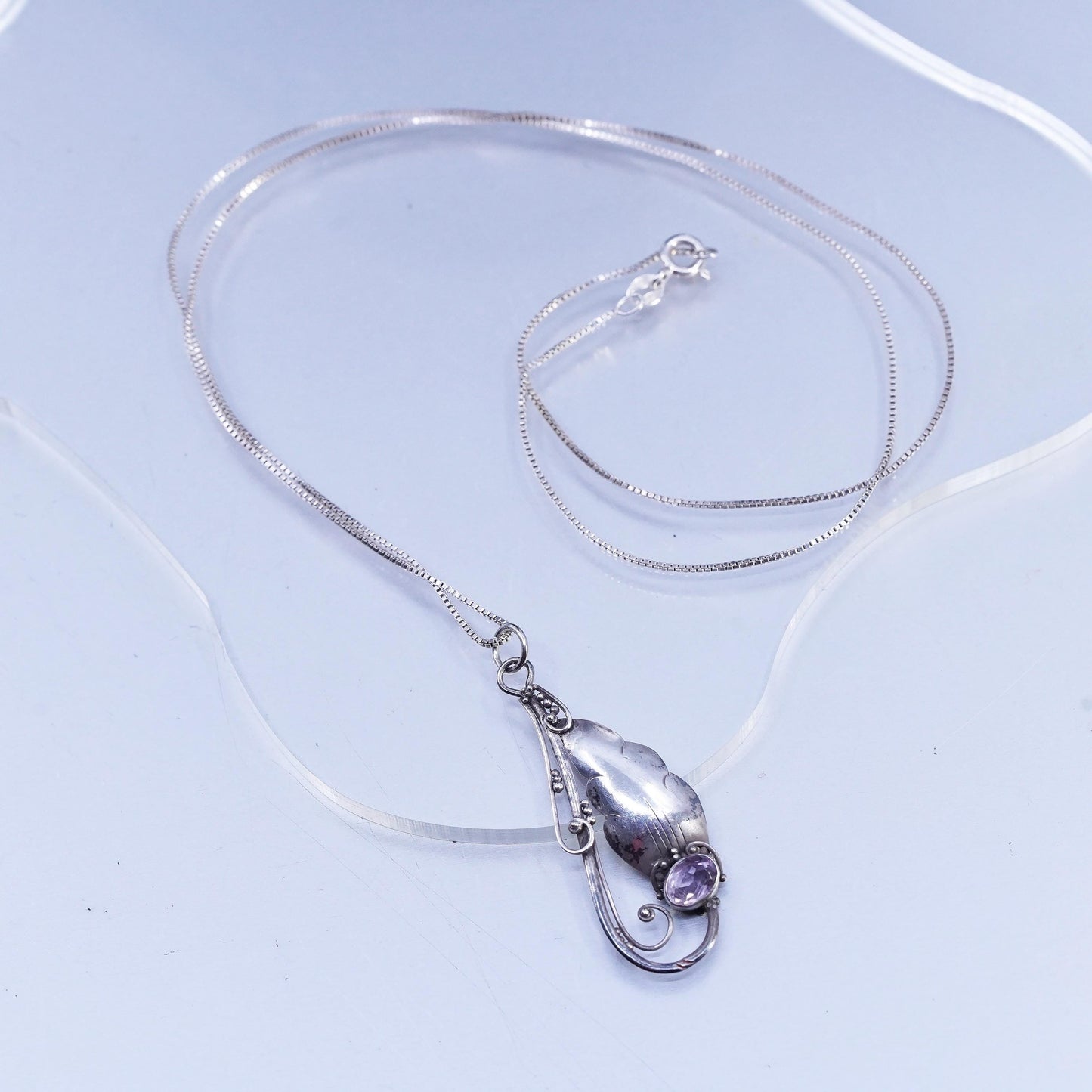 24", Vintage Sterling 925 silver box chain necklace teardrop amethyst pendant