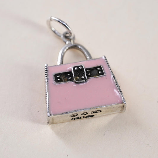 Vintage sterling silver pendant, 925 pink enamel handbag charm with marcasite