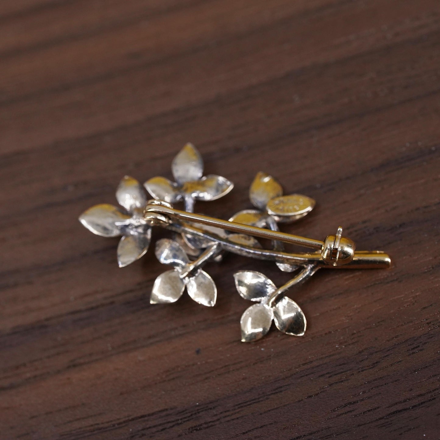 Vintage Vermeil gold over handmade sterling 925 silver tree brooch with opal