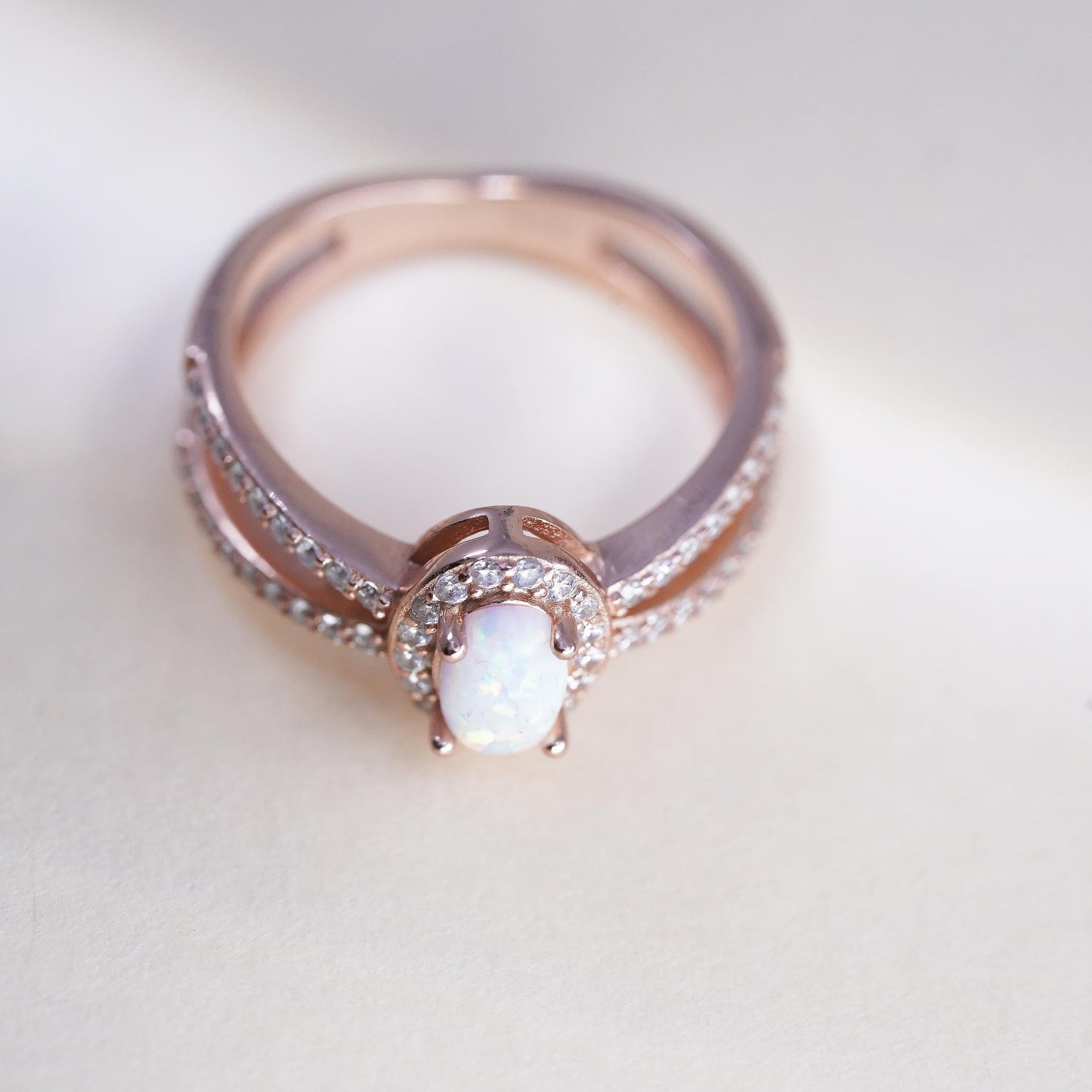Size 4, vintage rose gold plated Sterling 925 silver ring with round opal cz