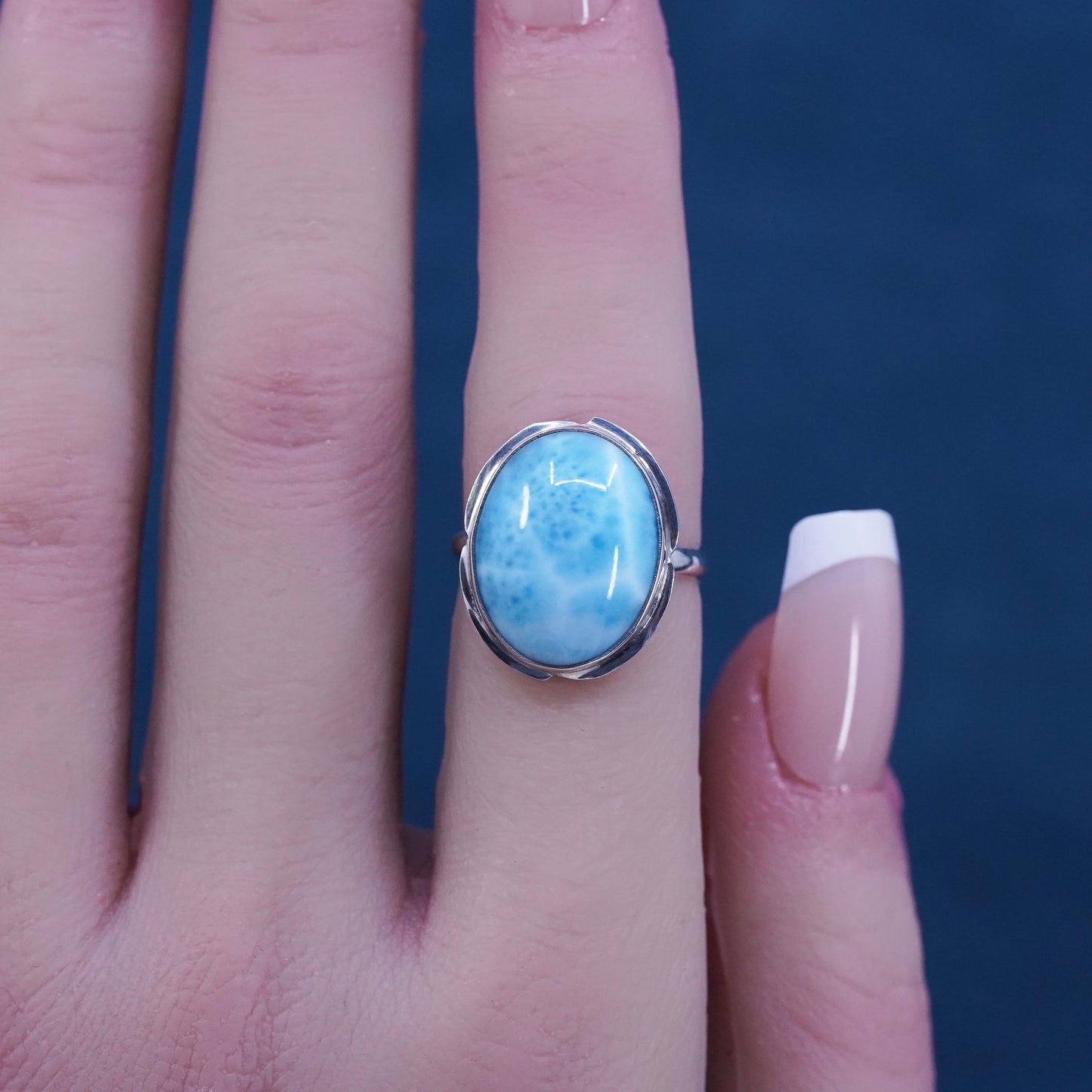 Size 5.5, Vintage sterling 925 silver handmade ring with oval larimar