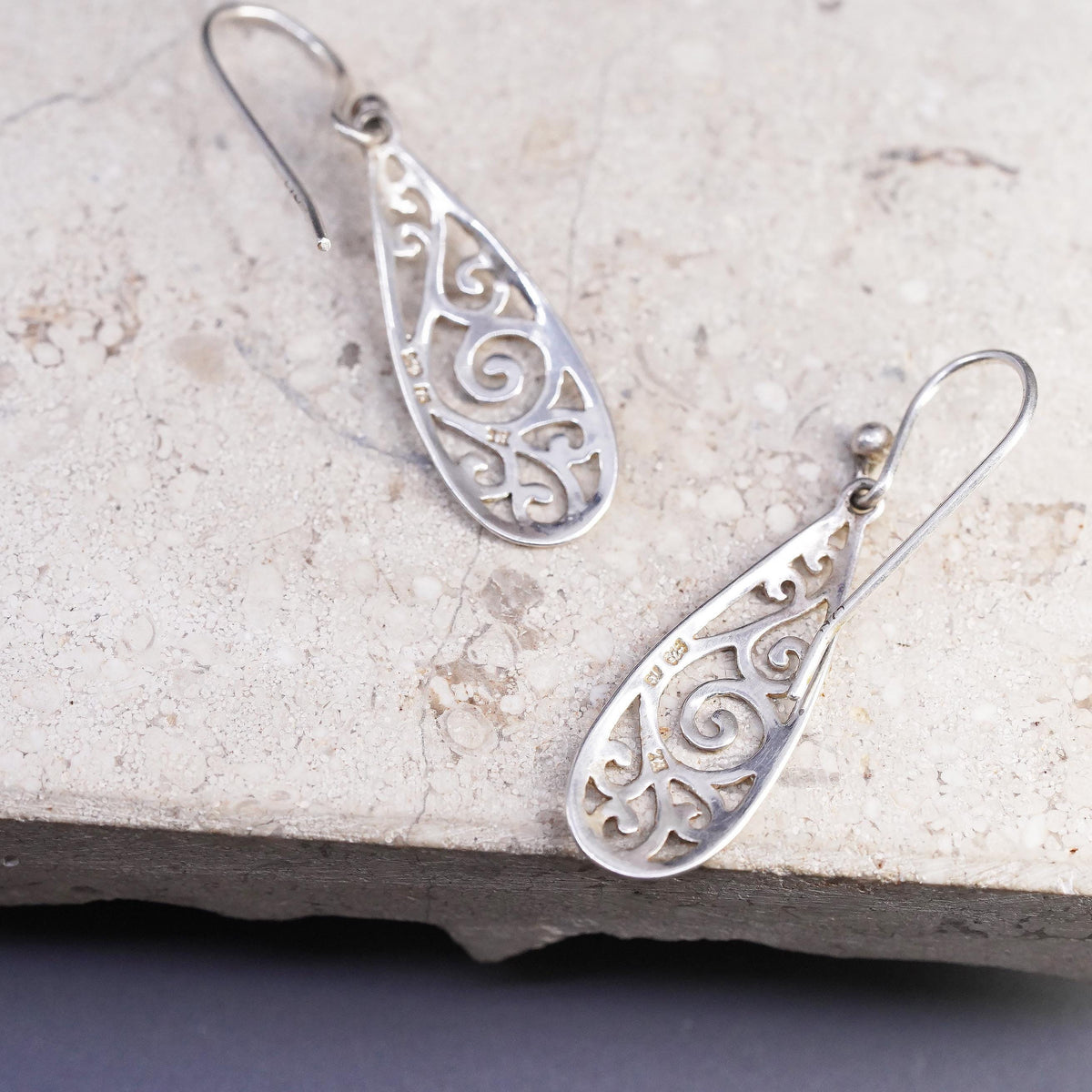Vintage sterling silver handmade earrings, 925 filigree teardrop drop