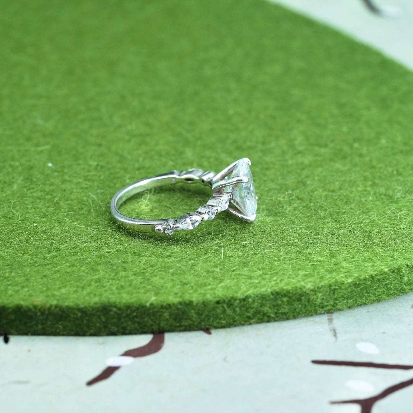Size 5, Sterling 925 silver engagement ring with oval cut CZ and cluster cz