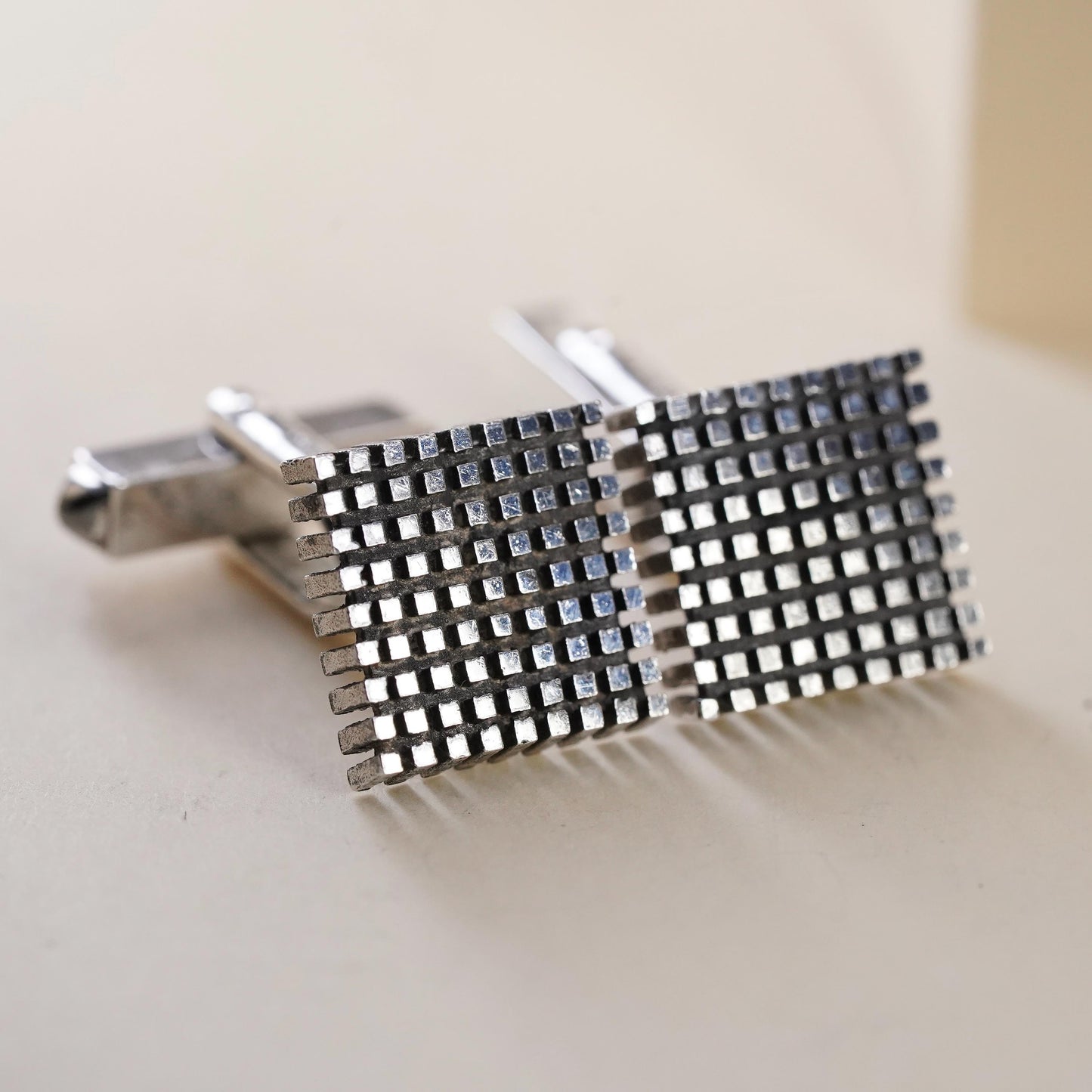 Vintage sterling silver square dotted cuff links, handmade 925 cufflinks