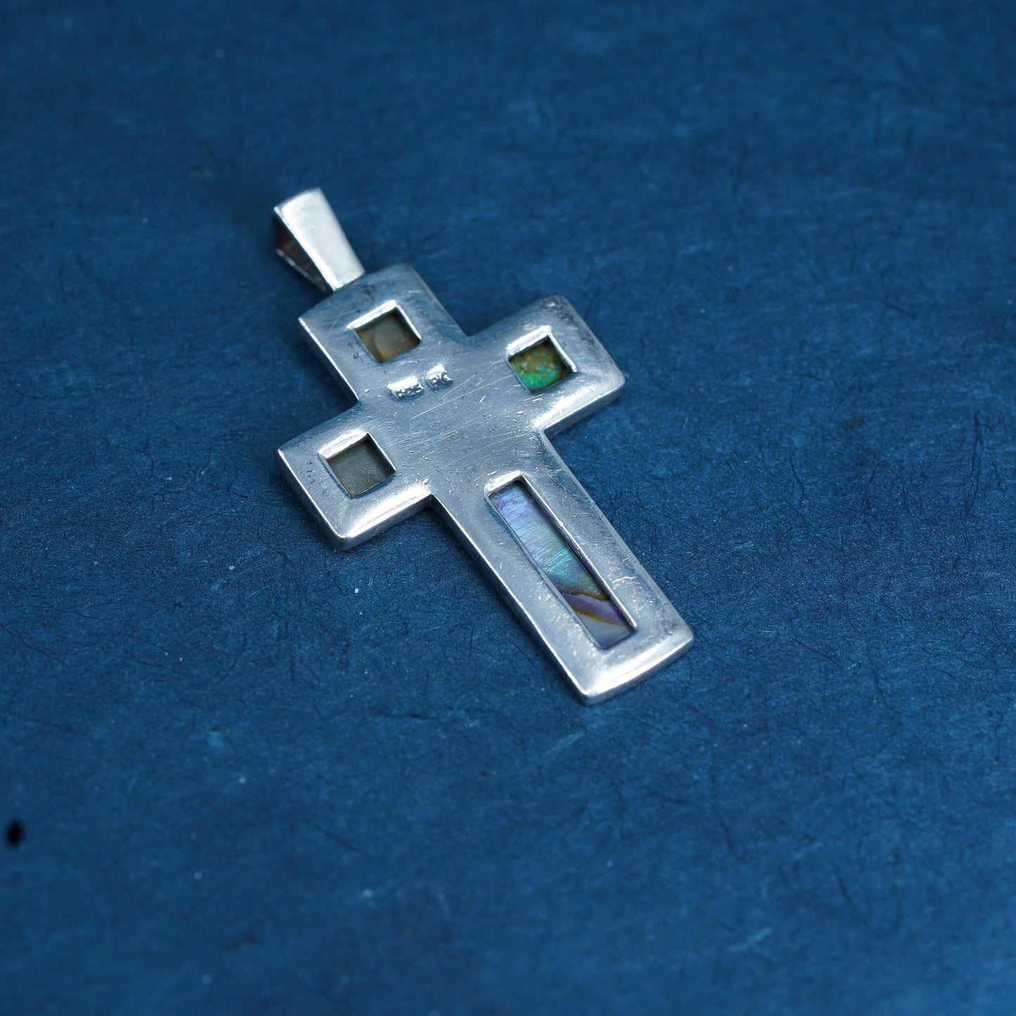 Vintage Sterling 925 silver handmade cross pendant with abalone
