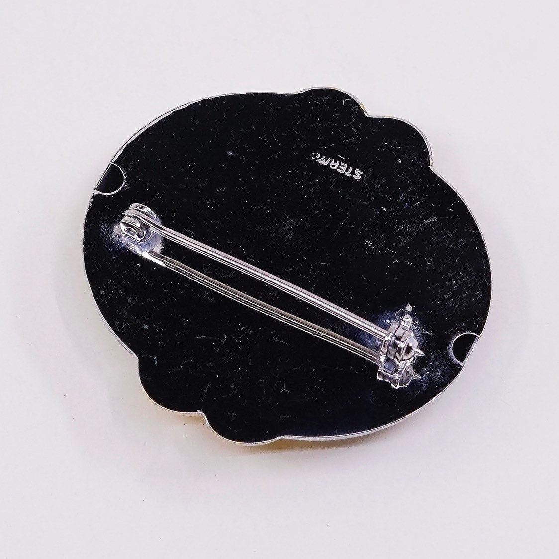 Vintage two tone Sterling silver handmade brooch, Ribbed 925 silver modernist pin, stamped Ster