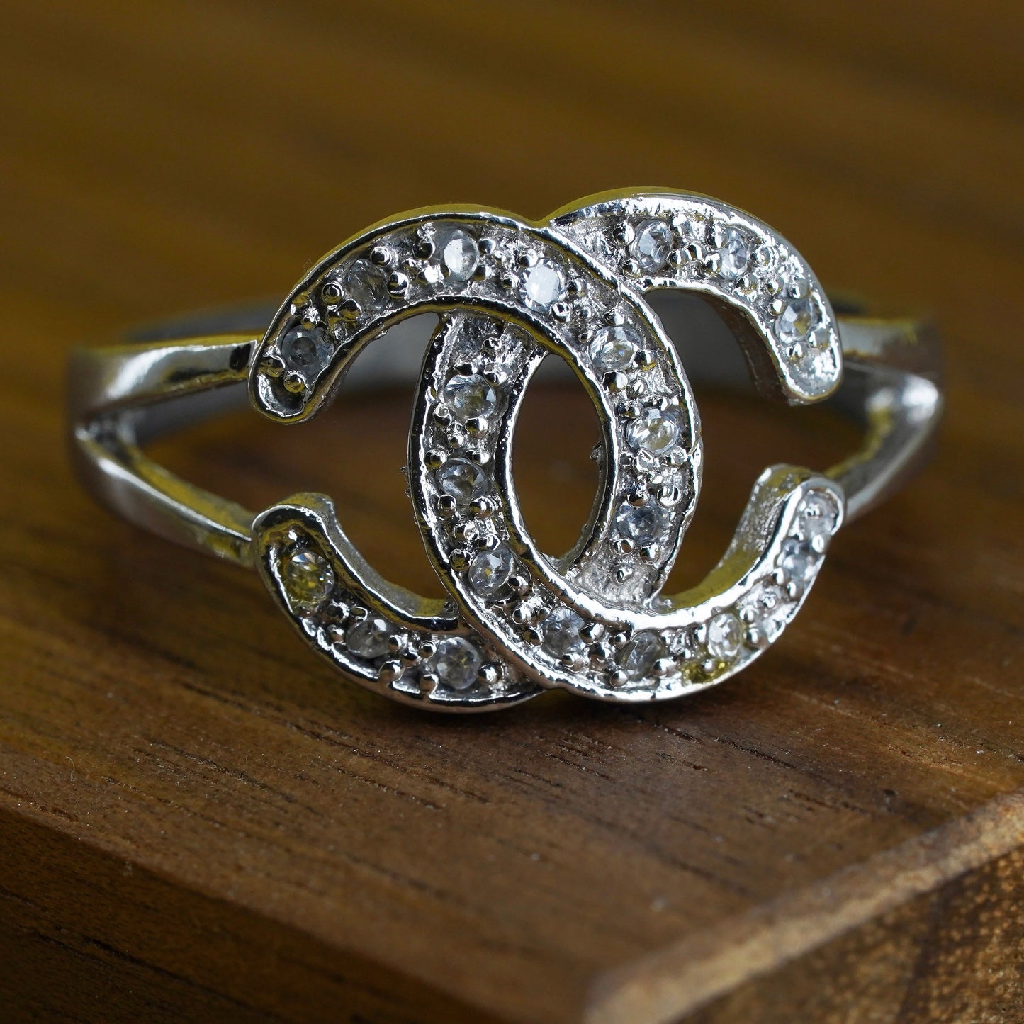 Size 9.25, vintage Sterling 925 silver engagement letter C ring with cluster cz