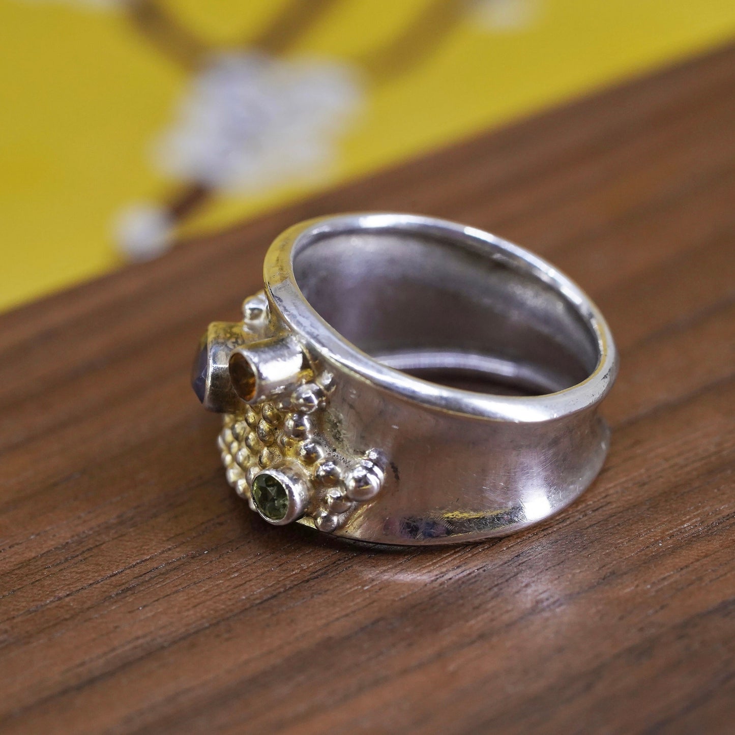 Size 8.25, Sterling 925 silver ring with ruby, peridot, amethyst and citrine