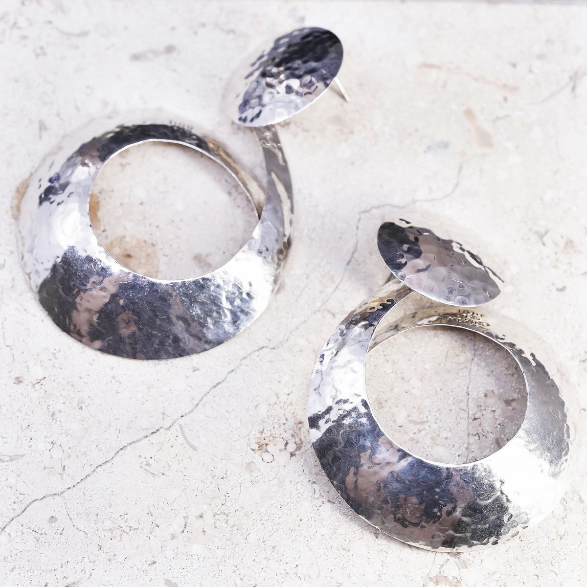 Mexican HOB Sterling Silver Circle Dangle Earrings, Large Hoop Drop Earrings