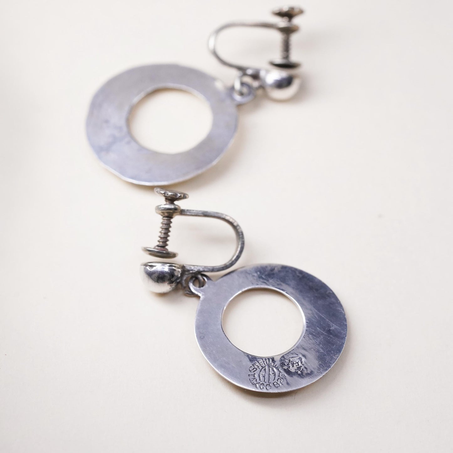 VTG Mexican Sterling silver handmade earrings, 925 screw back circle dangles